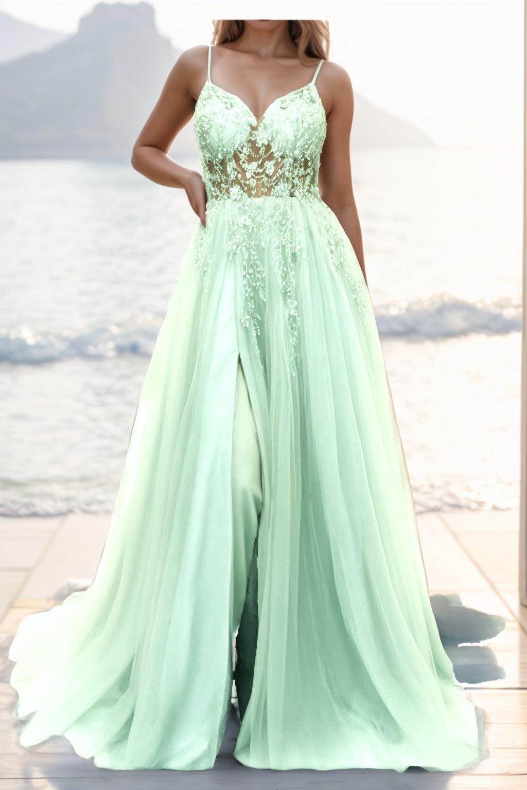 A-line Sweep-Brush Train Tulle Prom Dress CS0402