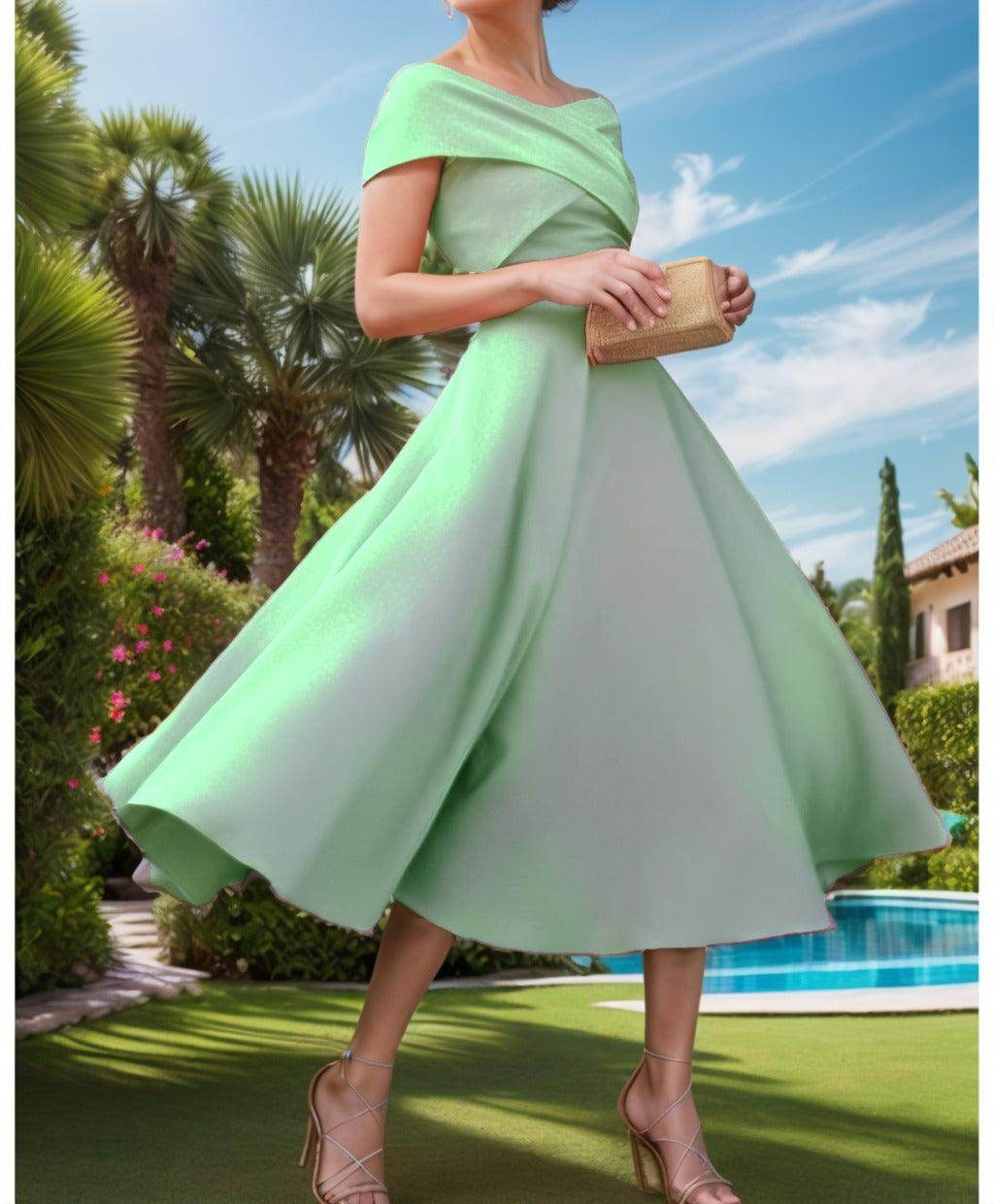 A-Line Tea Length Satin Prom Dress CS0455