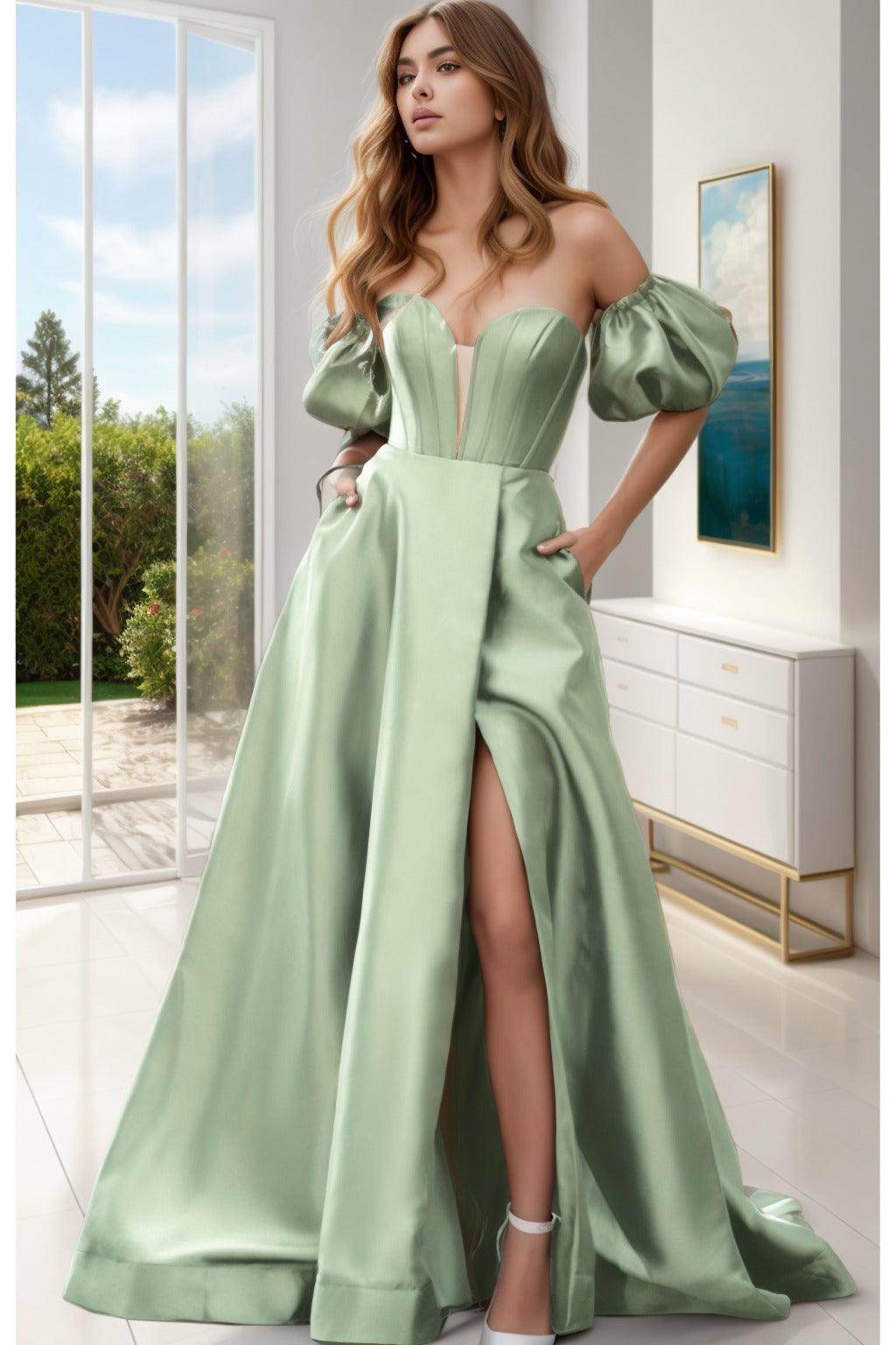 A-Line Sweep-Brush Train Satin Prom Dress CS0448