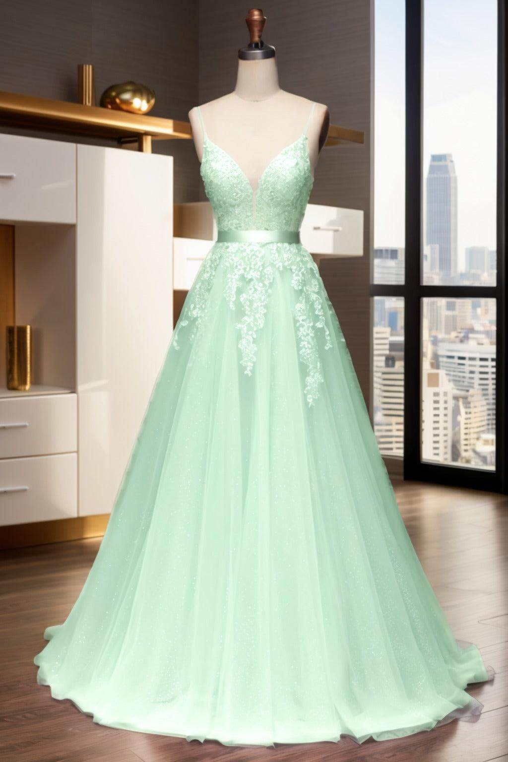 A-Line Sweep-Brush Train Tulle Prom Dress CS0464
