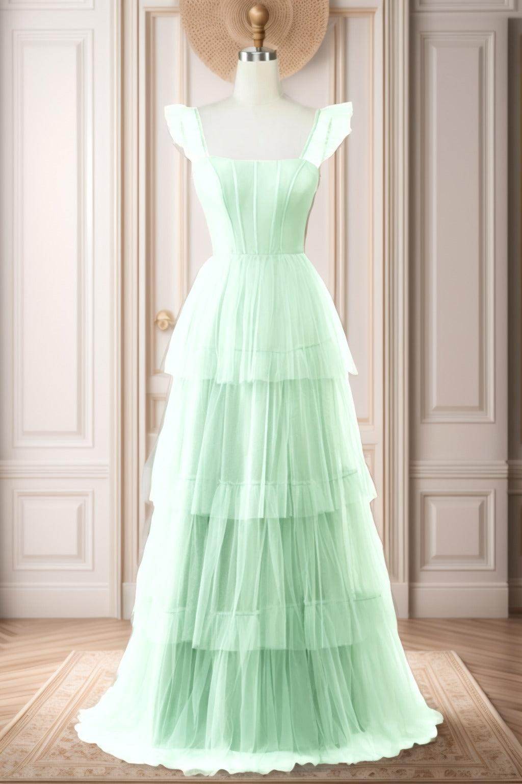 A-Line Sweep-Brush Train Tulle Prom Dress CS0471