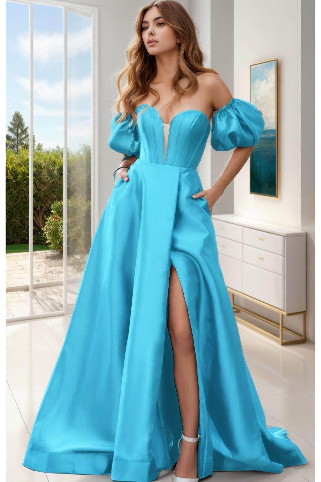 A-Line Sweep-Brush Train Satin Prom Dress CS0448