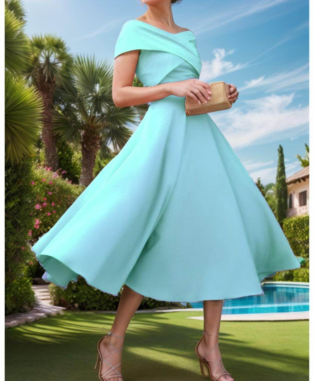 A-Line Tea Length Satin Prom Dress CS0455