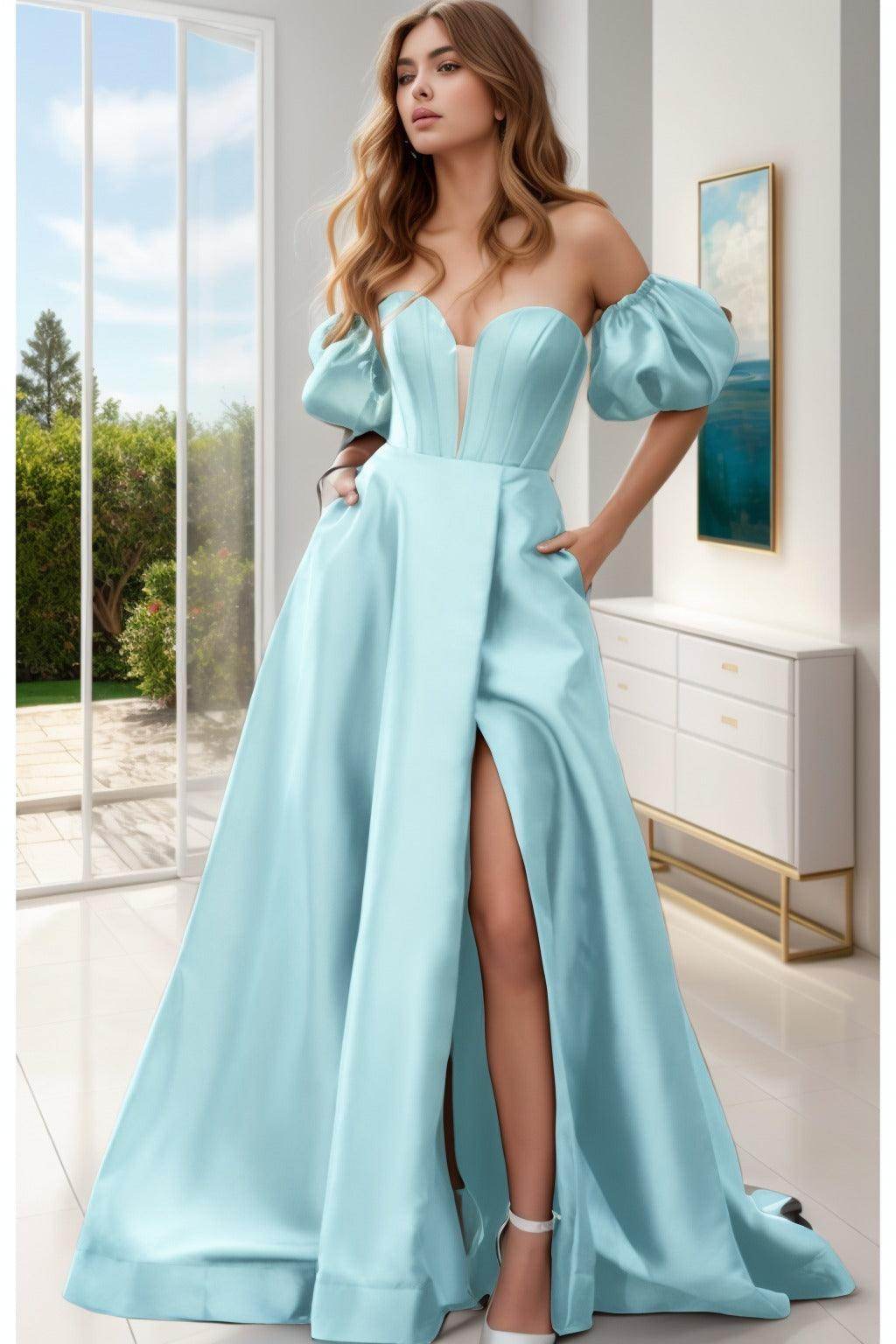 A-Line Sweep-Brush Train Satin Prom Dress CS0448