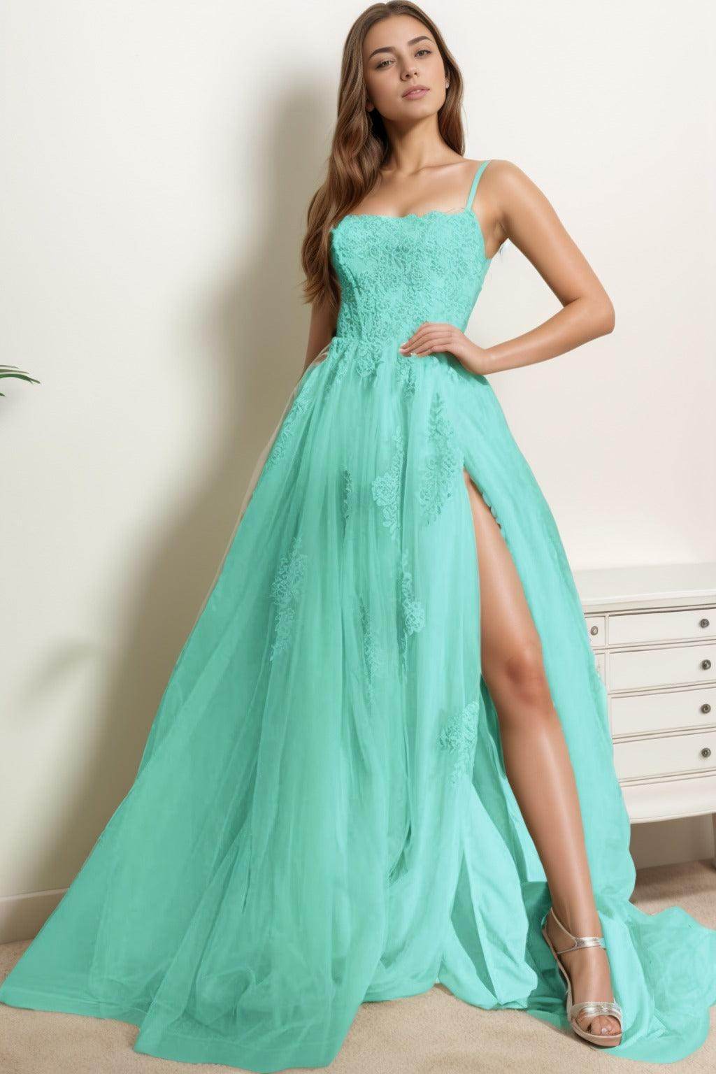 A-Line Sweep-Brush Train Tulle Prom Dress CS0415