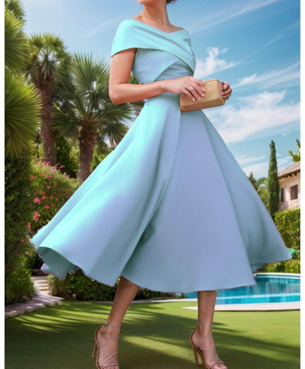 A-Line Tea Length Satin Prom Dress CS0455