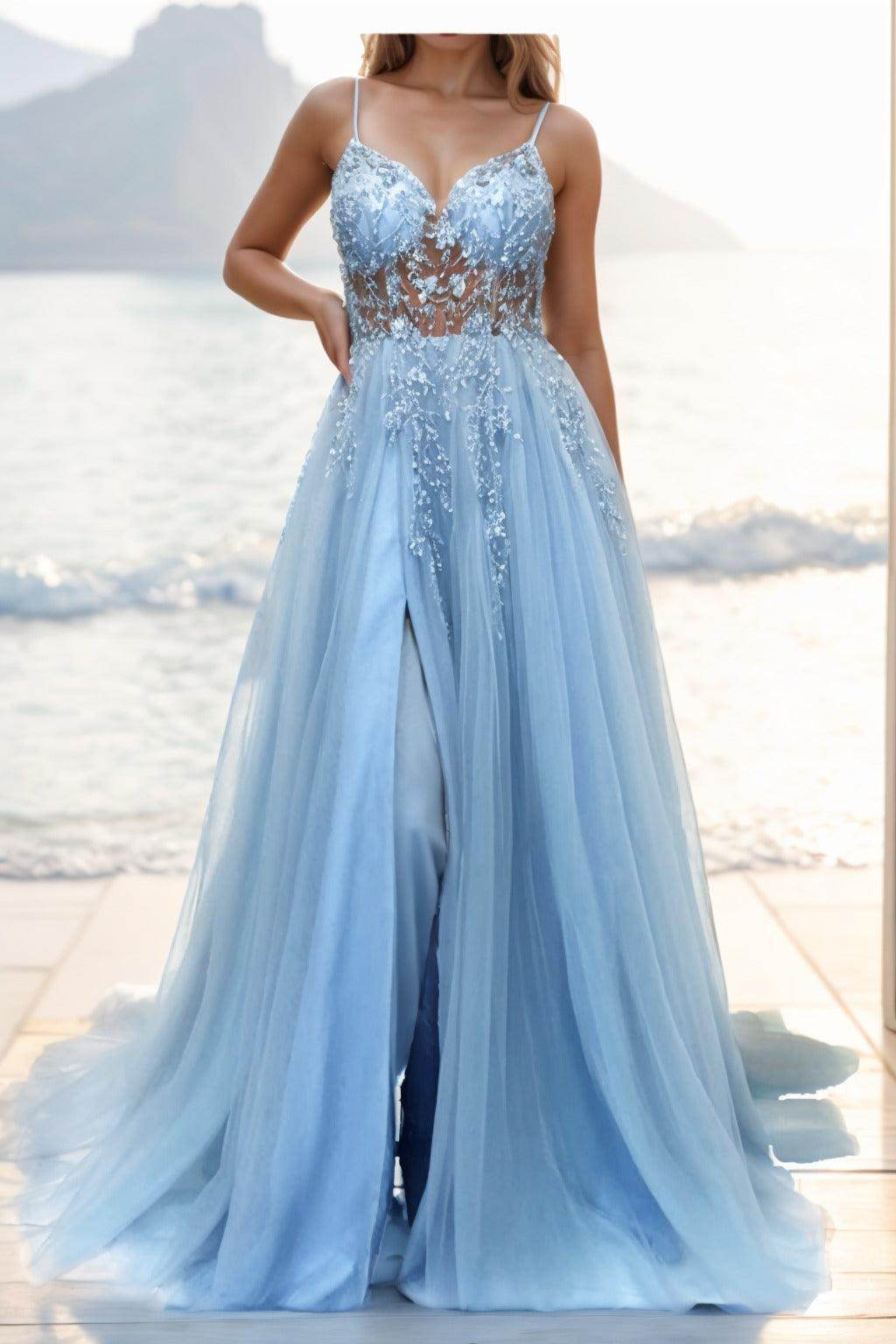A-line Sweep-Brush Train Tulle Prom Dress CS0402