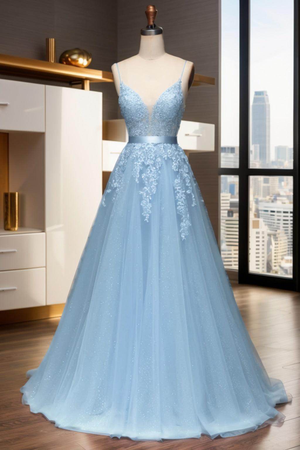 A-Line Sweep-Brush Train Tulle Prom Dress CS0464