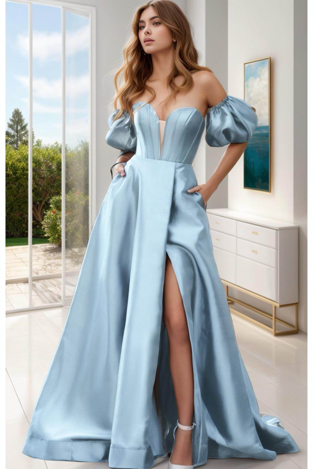 A-Line Sweep-Brush Train Satin Prom Dress CS0448