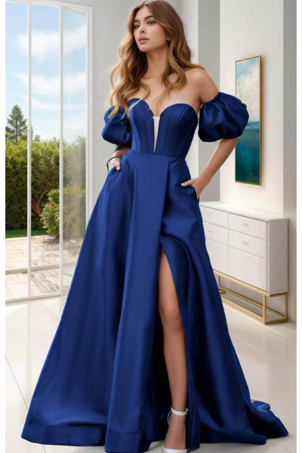A-Line Sweep-Brush Train Satin Prom Dress CS0448