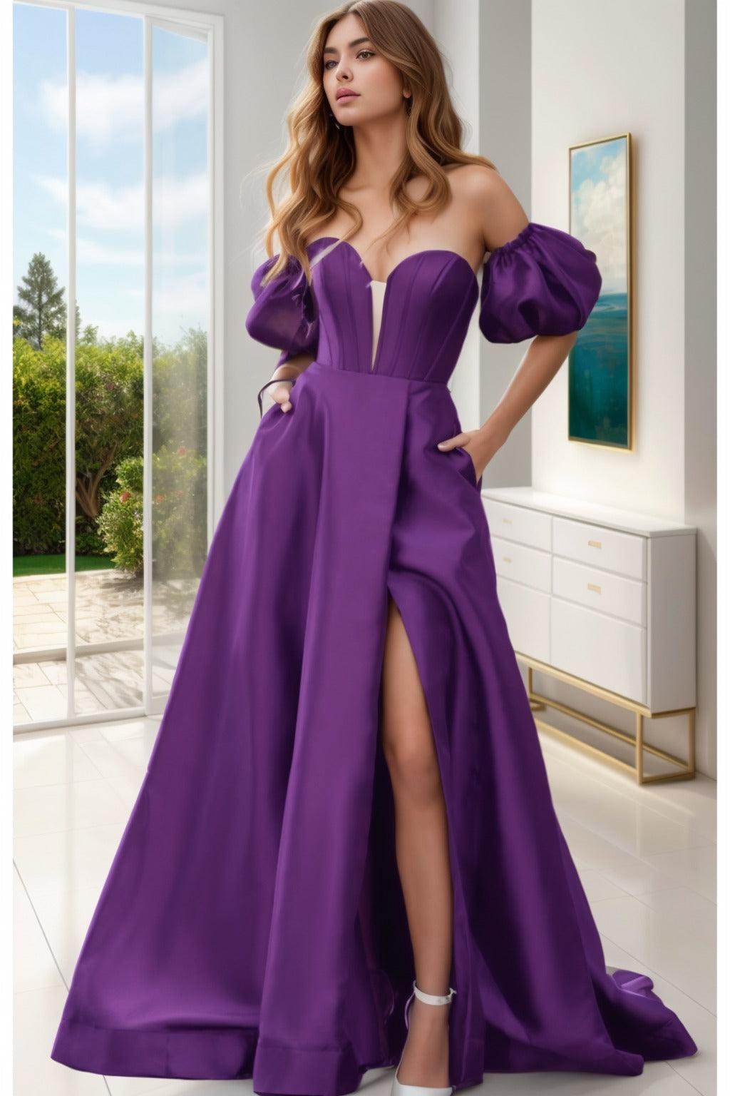 A-Line Sweep-Brush Train Satin Prom Dress CS0448