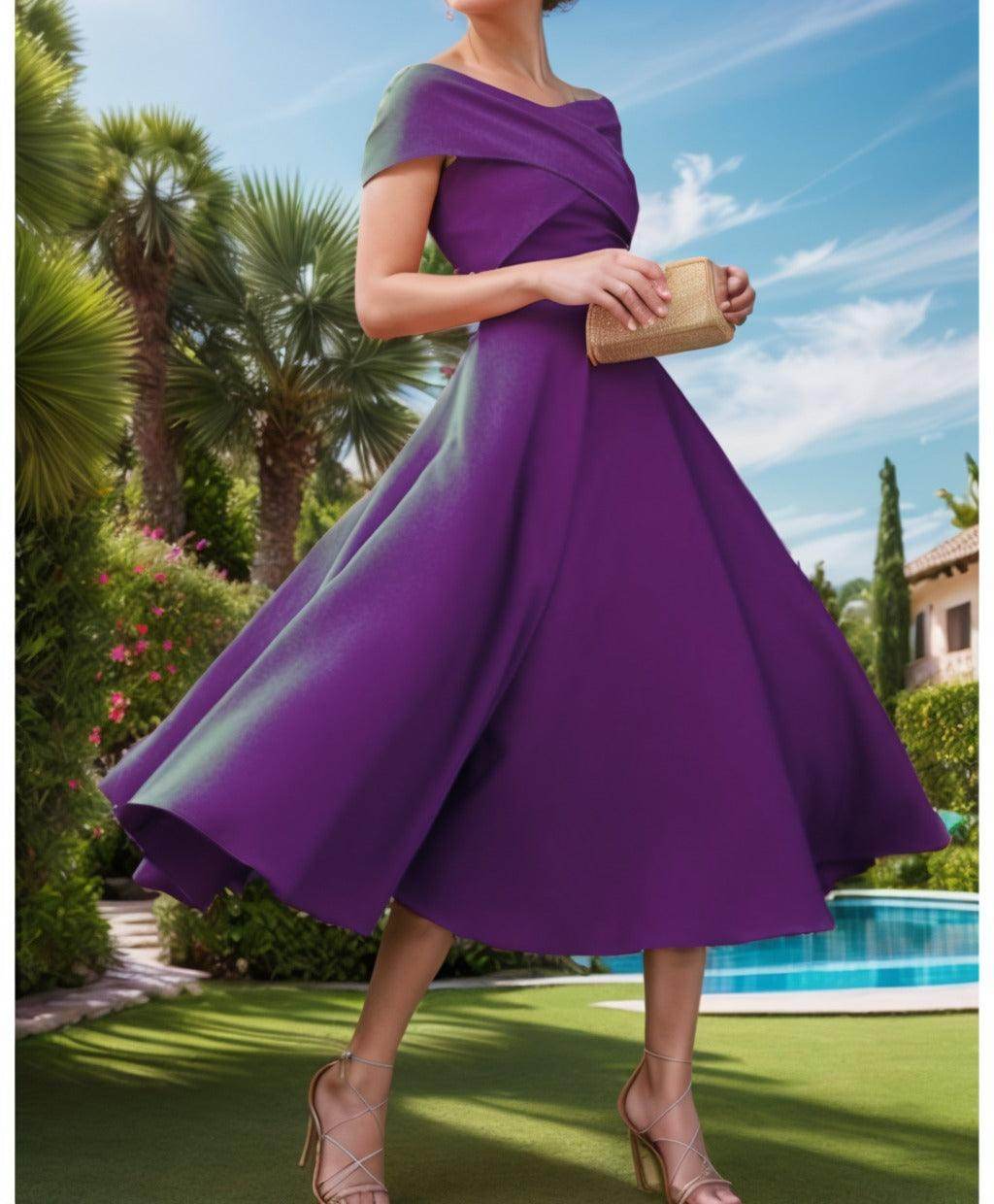 A-Line Tea Length Satin Prom Dress CS0455