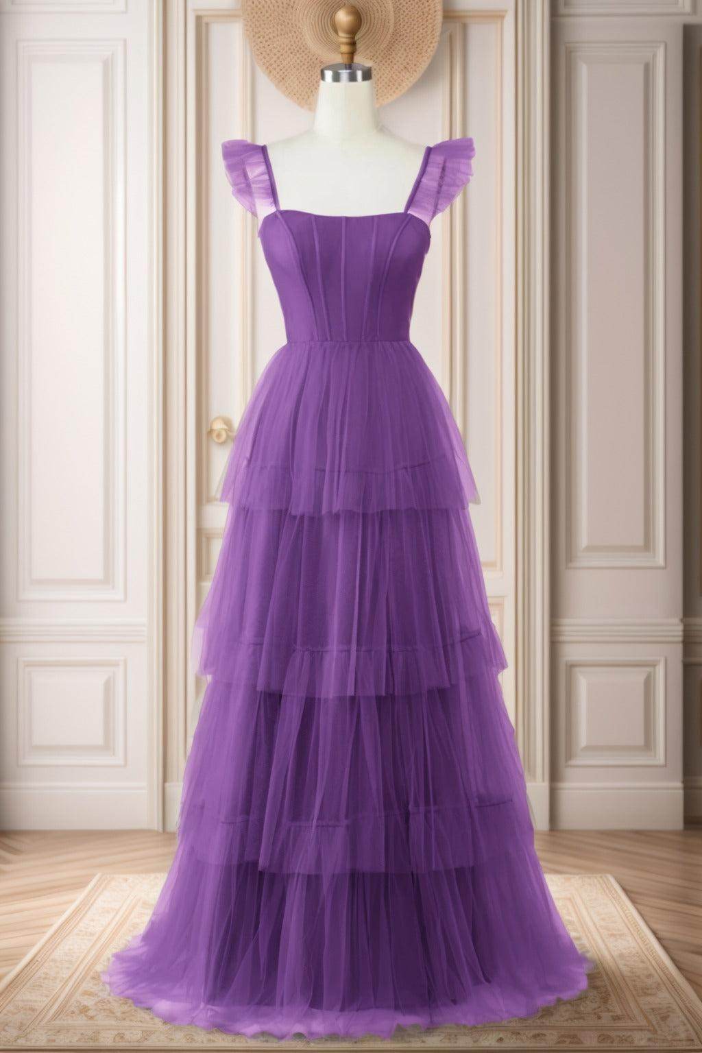 A-Line Sweep-Brush Train Tulle Prom Dress CS0471