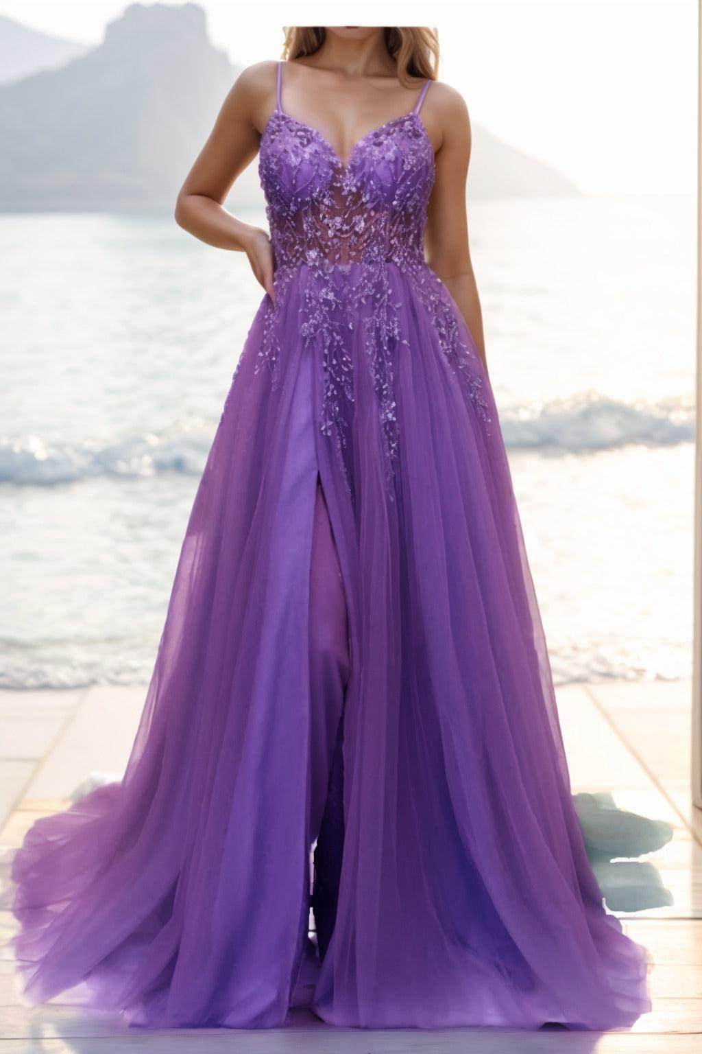 A-line Sweep-Brush Train Tulle Prom Dress CS0402