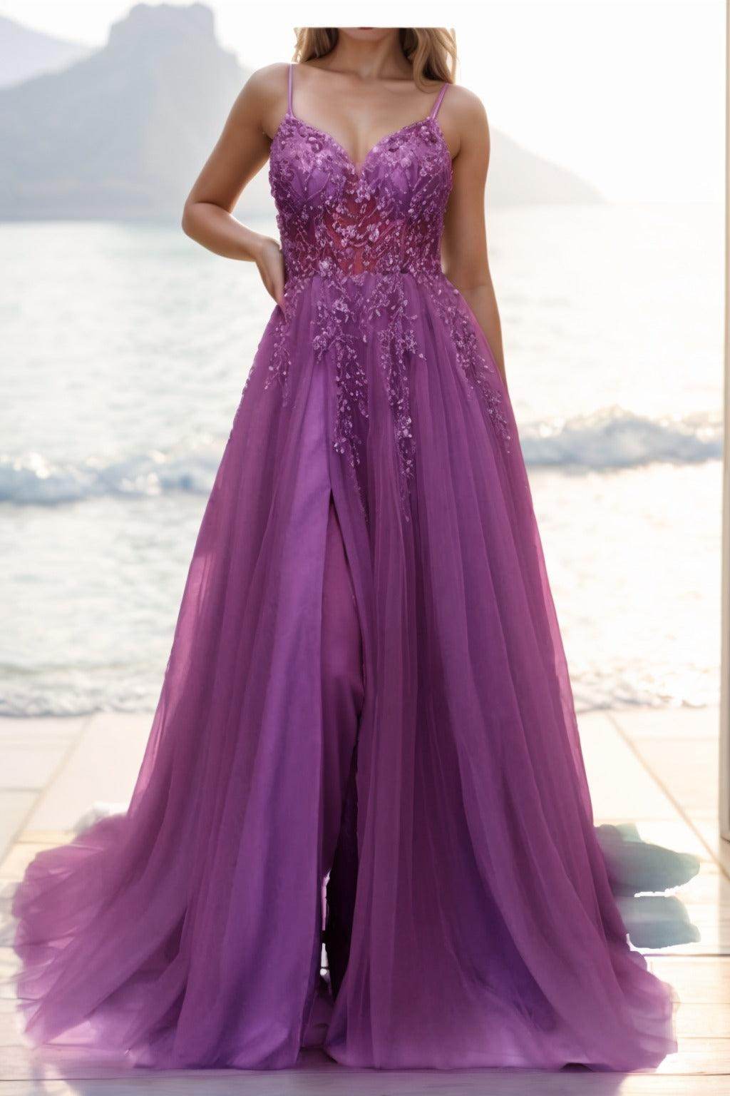 A-line Sweep-Brush Train Tulle Prom Dress CS0402