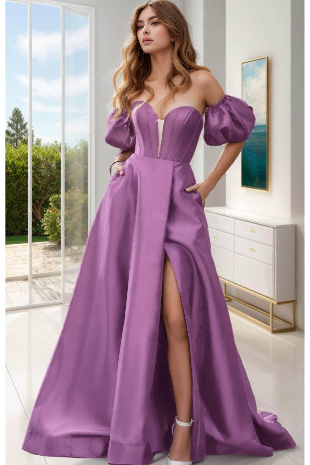 A-Line Sweep-Brush Train Satin Prom Dress CS0448