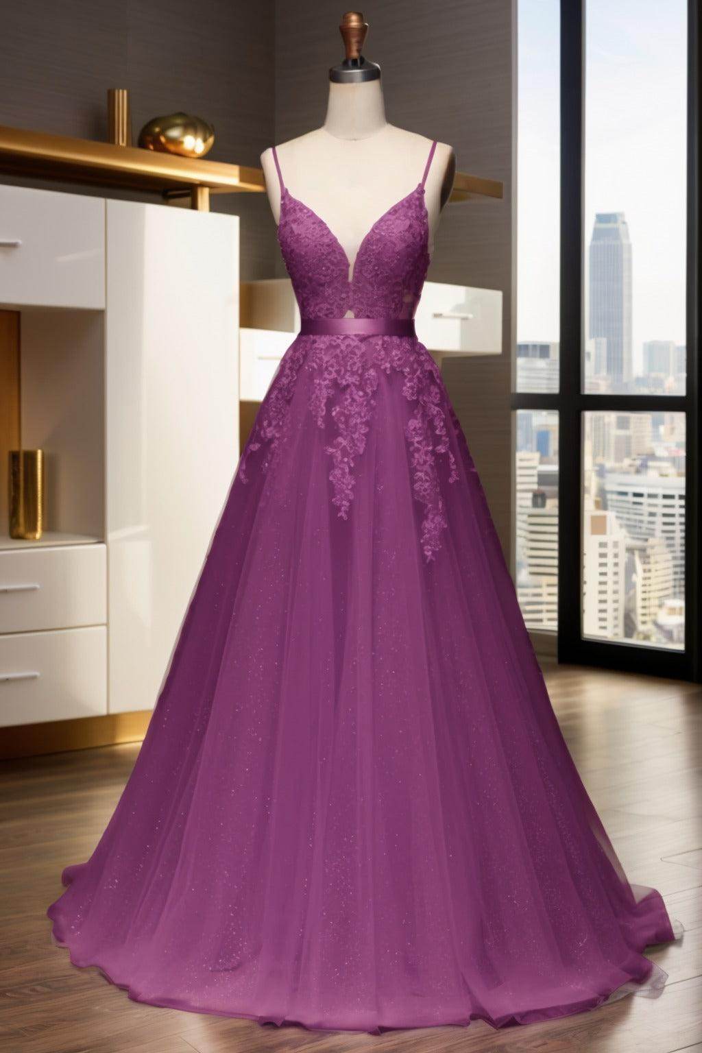 A-Line Sweep-Brush Train Tulle Prom Dress CS0464