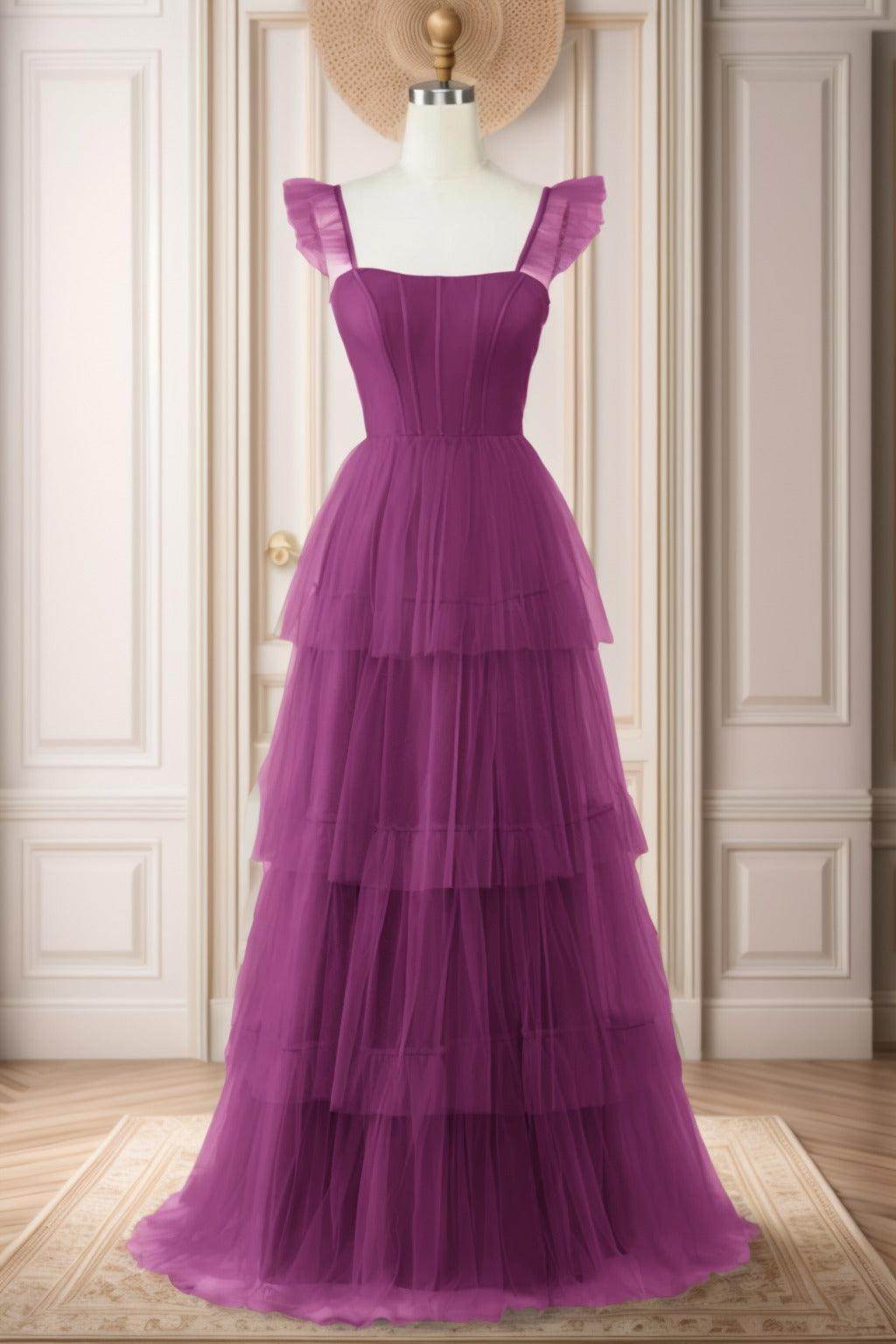 A-Line Sweep-Brush Train Tulle Prom Dress CS0471