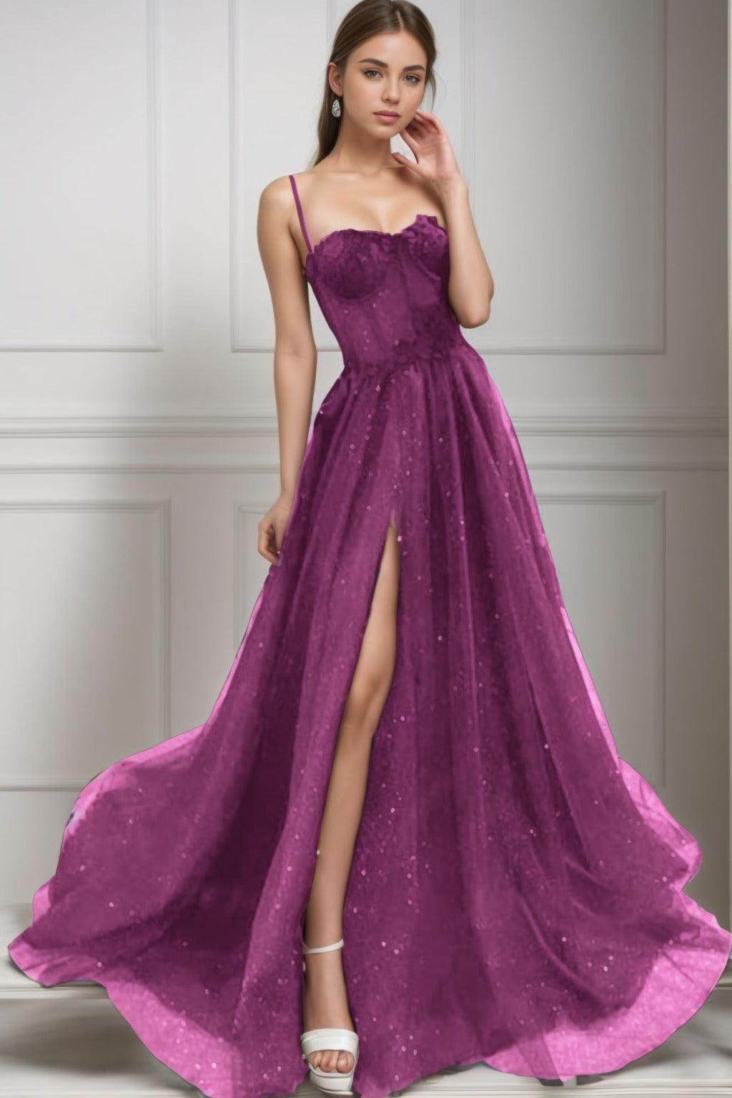 A-Line Sweep-Brush Train Tulle Prom Dress CS0439
