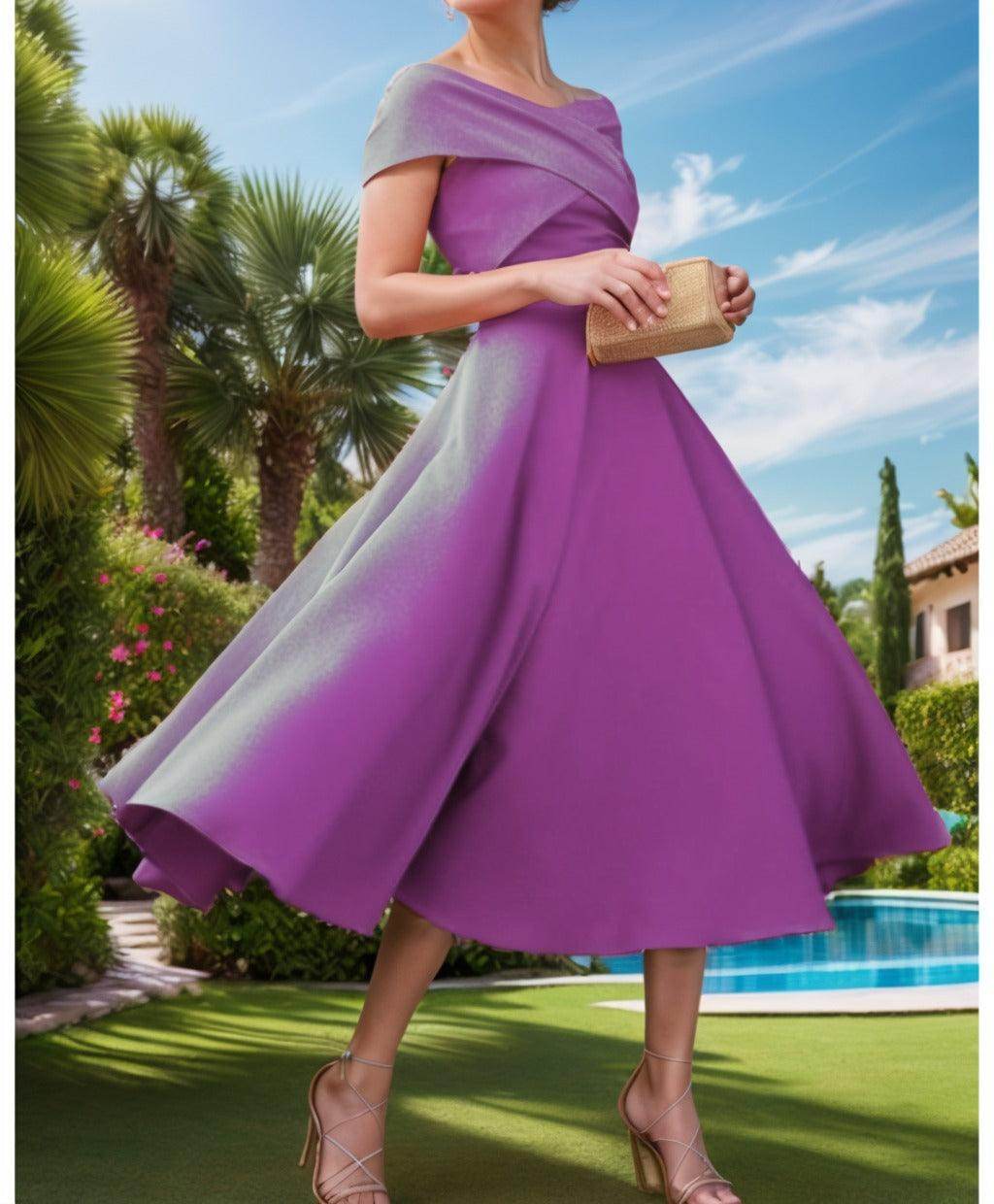 A-Line Tea Length Satin Prom Dress CS0455