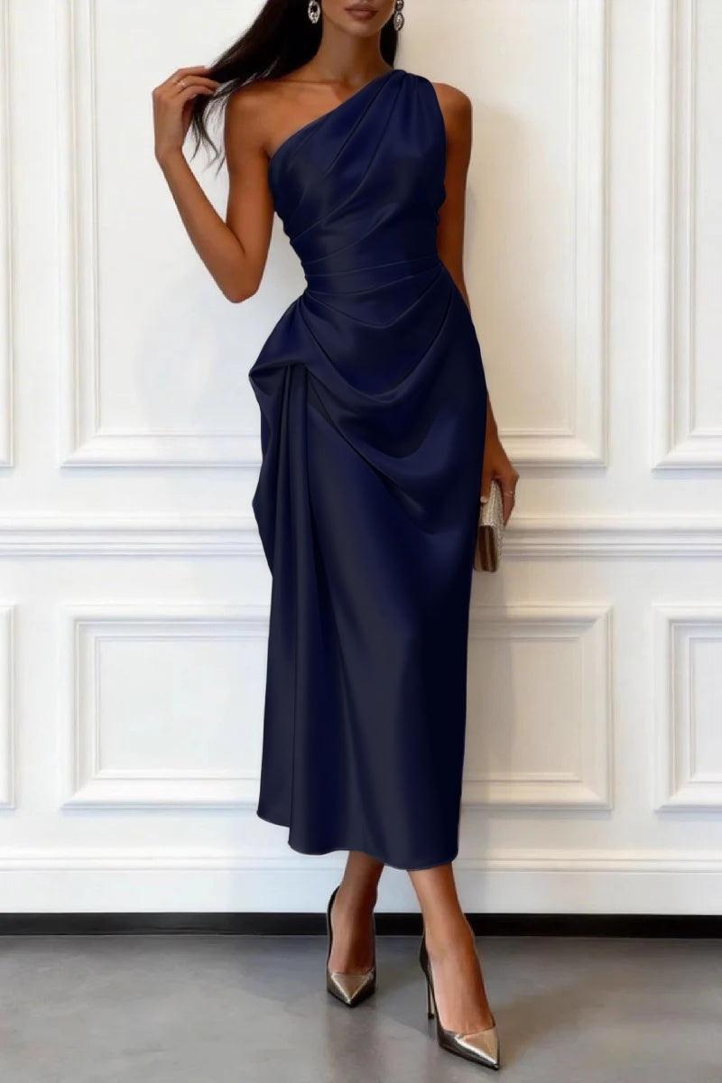 Trumpet-Mermaid Tea Length Satin Wedding Guest Dress 1033914017182