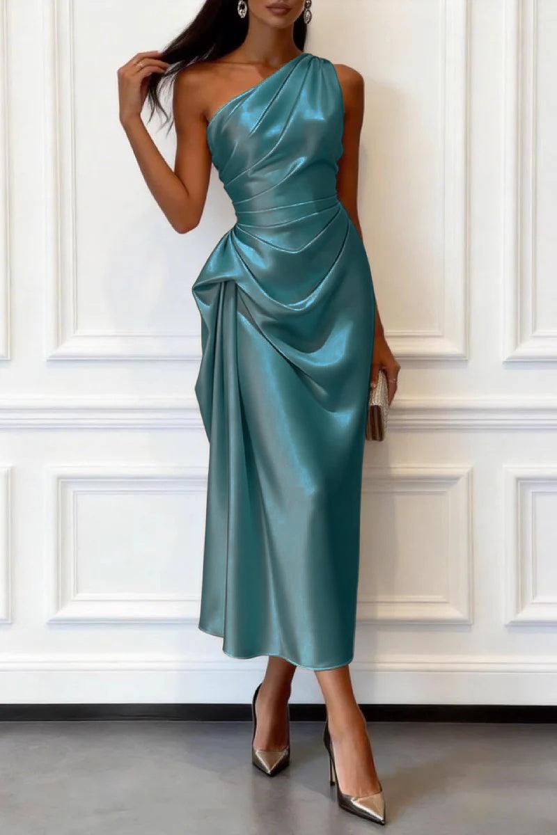 Trumpet-Mermaid Tea Length Satin Wedding Guest Dress 1033914017182