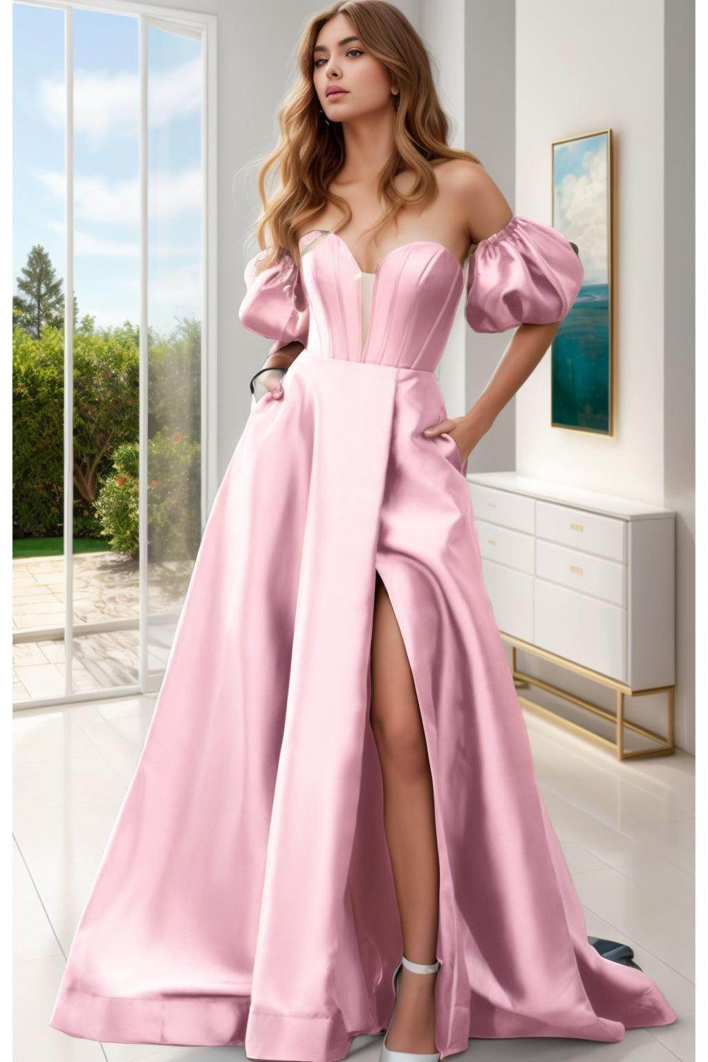 A-Line Sweep-Brush Train Satin Prom Dress CS0448