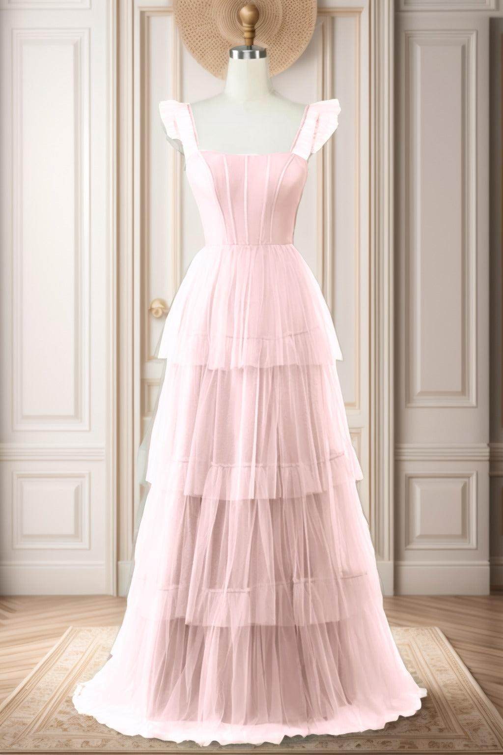 A-Line Sweep-Brush Train Tulle Prom Dress CS0471