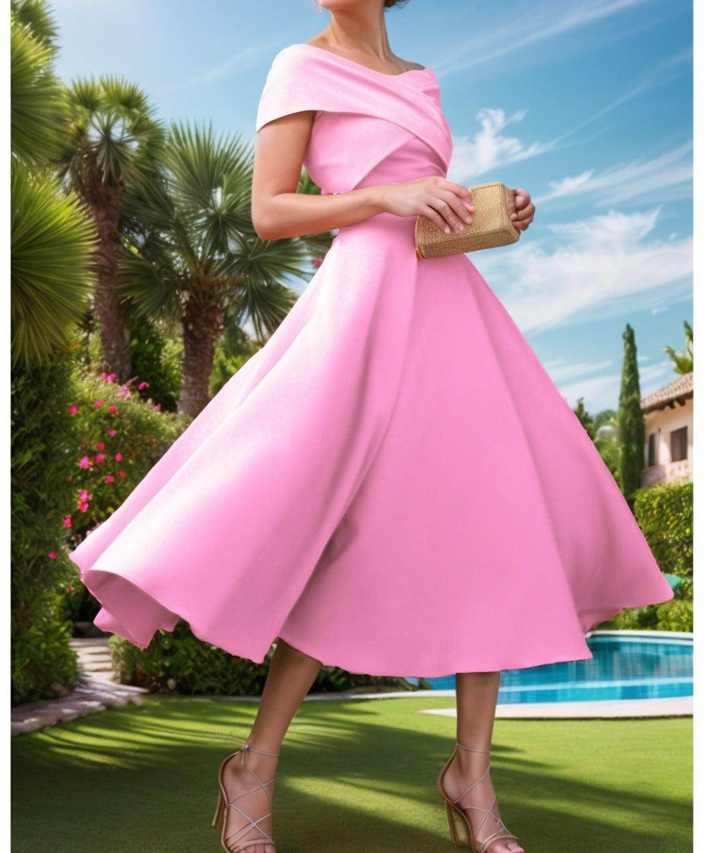 A-Line Tea Length Satin Prom Dress CS0455