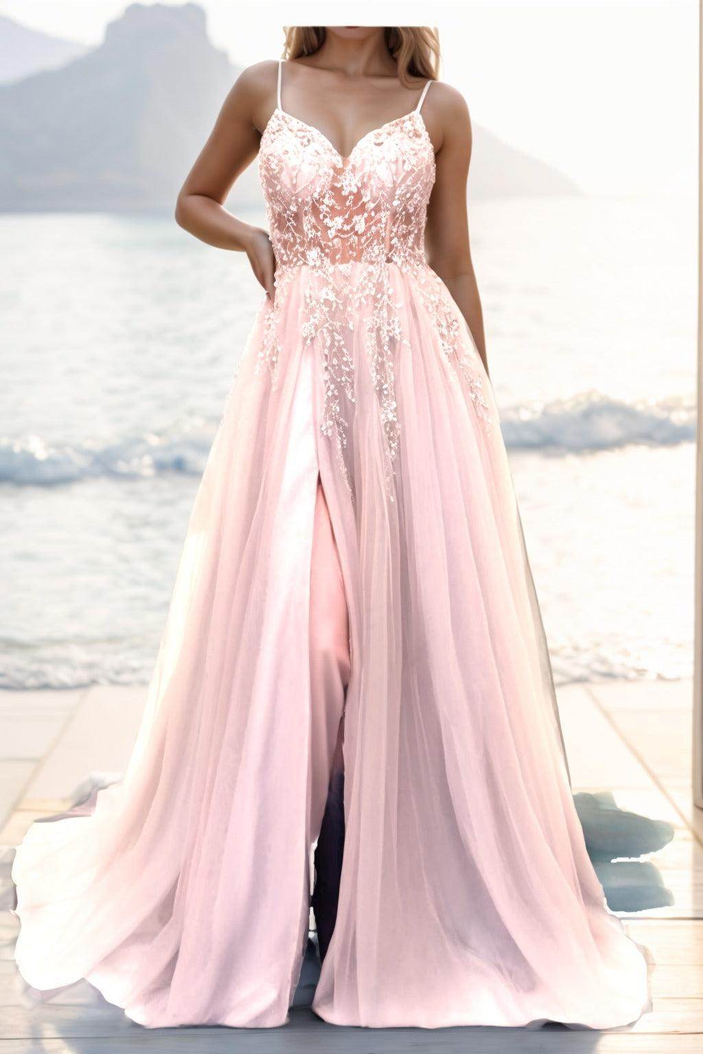 A-line Sweep-Brush Train Tulle Prom Dress CS0402