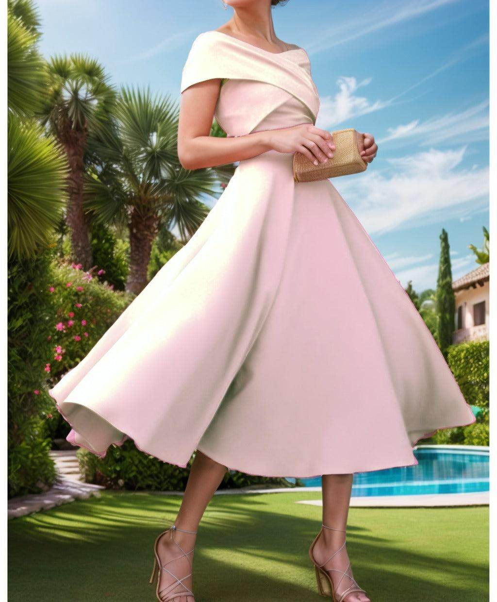 A-Line Tea Length Satin Prom Dress CS0455