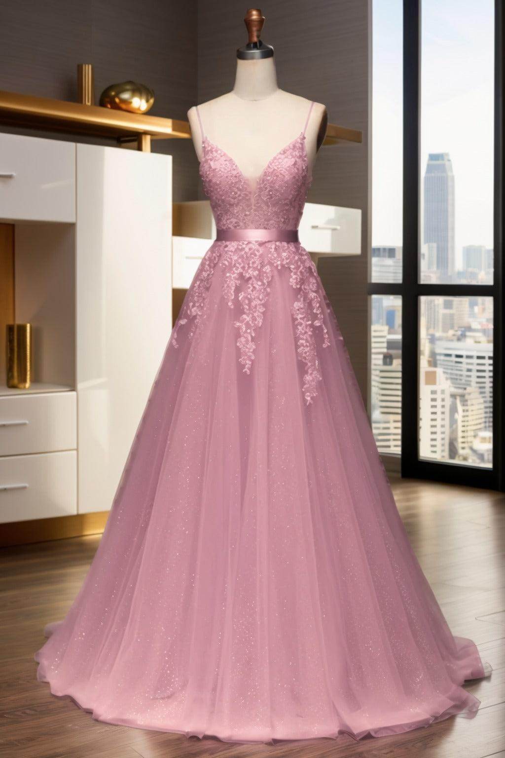 A-Line Sweep-Brush Train Tulle Prom Dress CS0464
