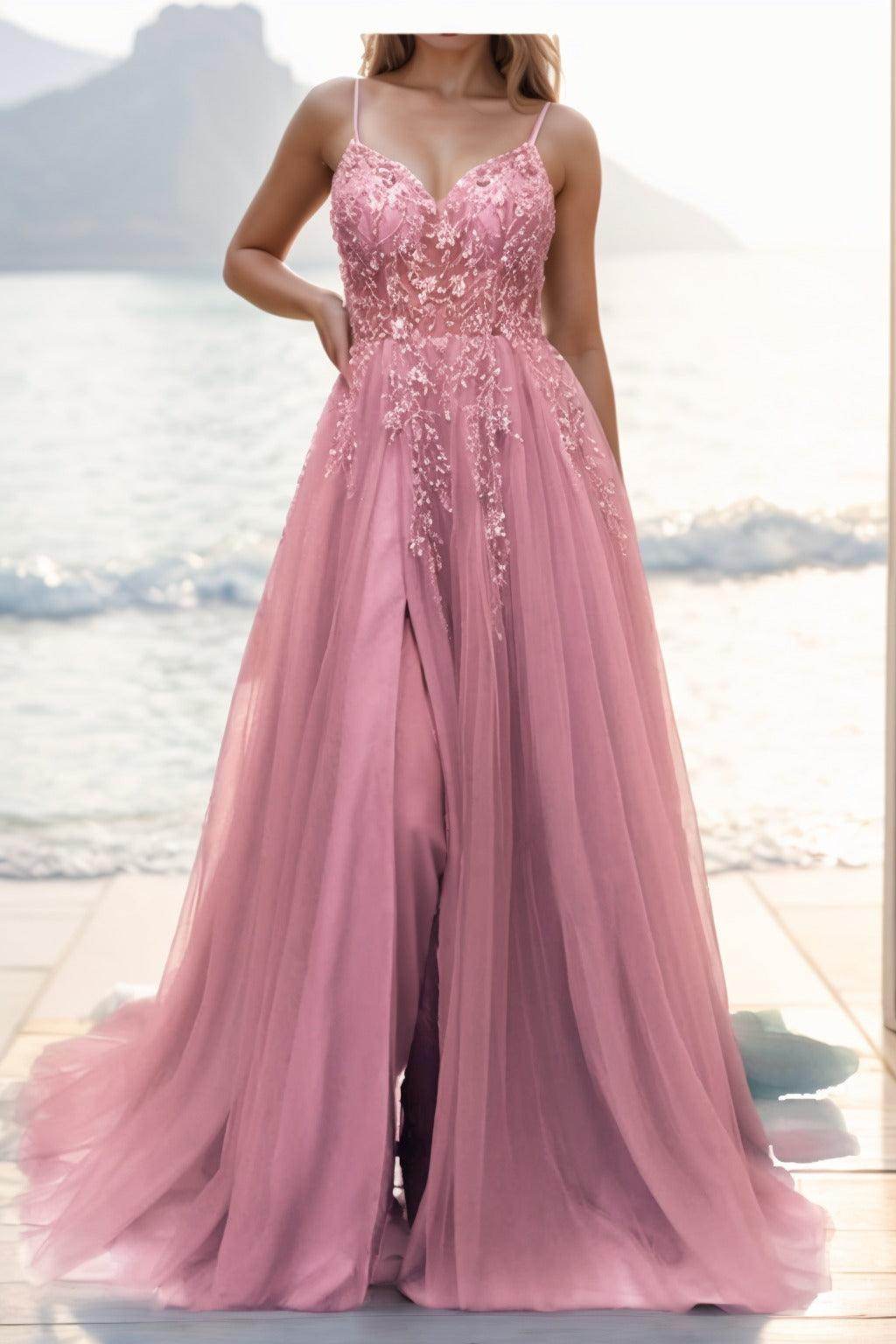 A-line Sweep-Brush Train Tulle Prom Dress CS0402