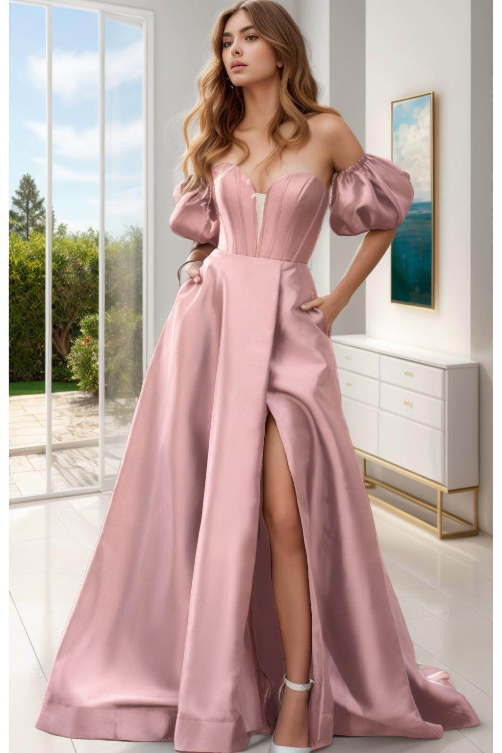 A-Line Sweep-Brush Train Satin Prom Dress CS0448