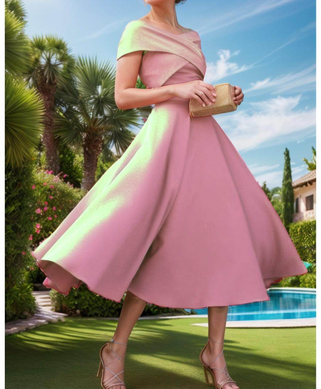 A-Line Tea Length Satin Prom Dress CS0455