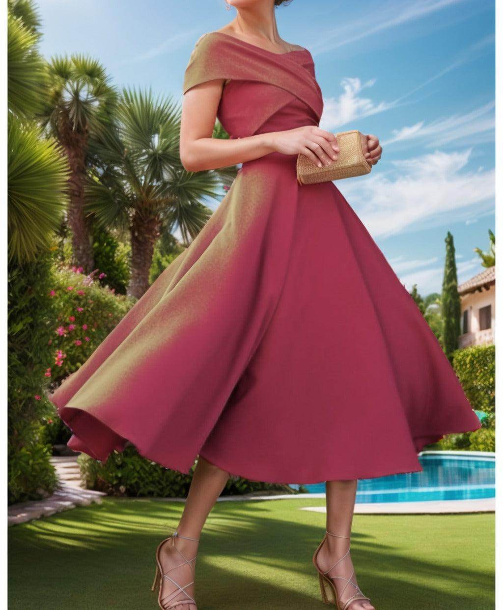 A-Line Tea Length Satin Prom Dress CS0455