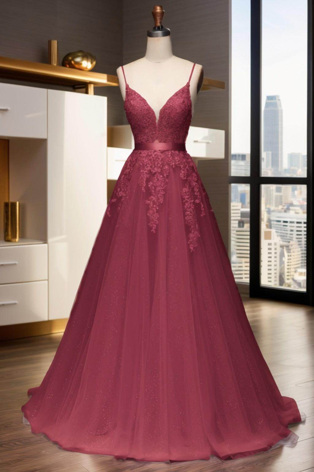 A-Line Sweep-Brush Train Tulle Prom Dress CS0464