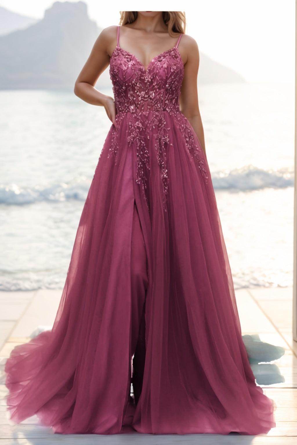 A-line Sweep-Brush Train Tulle Prom Dress CS0402