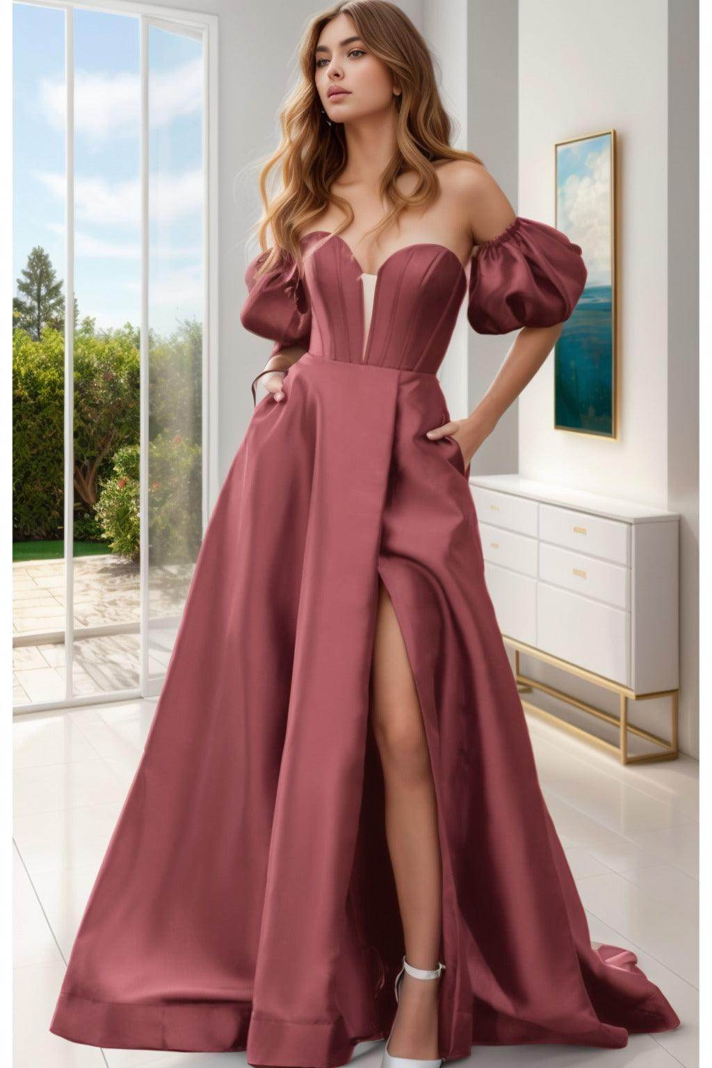 A-Line Sweep-Brush Train Satin Prom Dress CS0448
