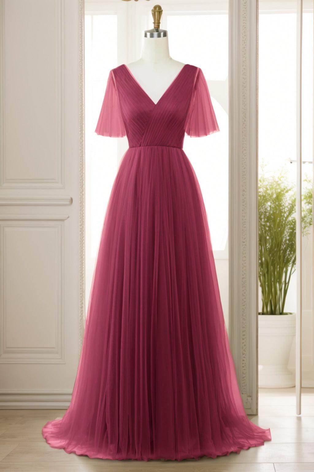 A-Line Sweep-Brush Train Tulle Prom Dress CS0472