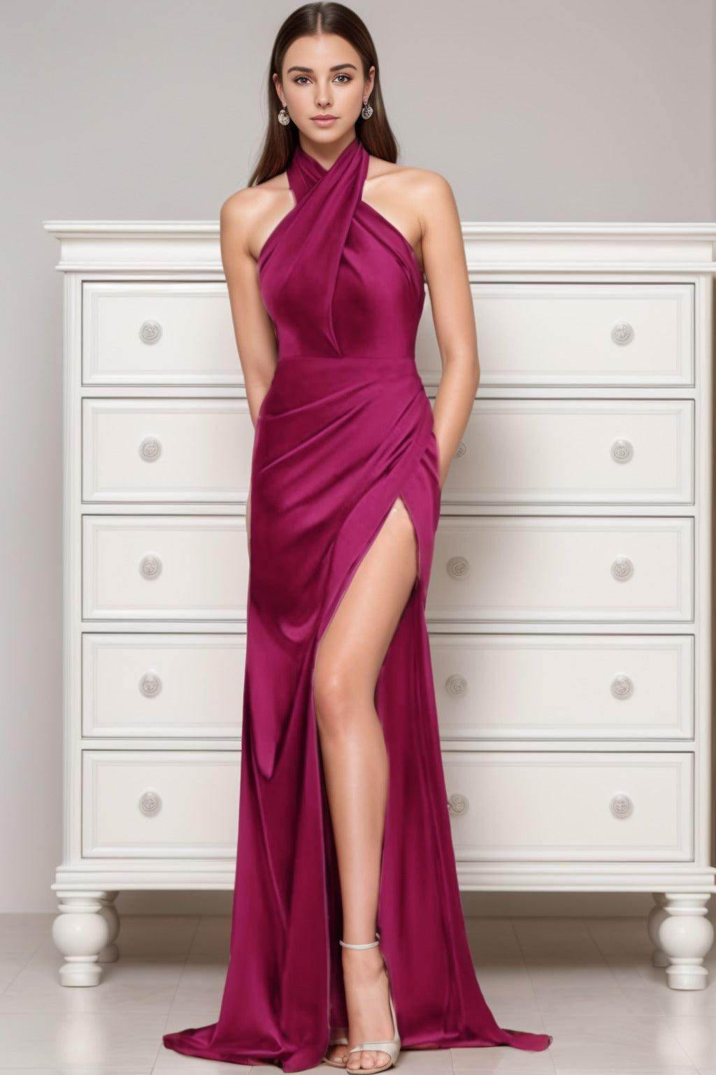 Sheath-Column Sweep-Brush Train Silk-Like Prom Dress CS0431
