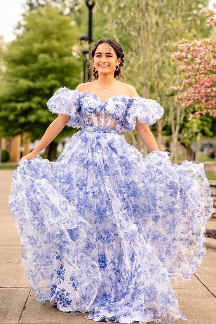 A Line Sweetheart Printed Tulle Long Prom Dress