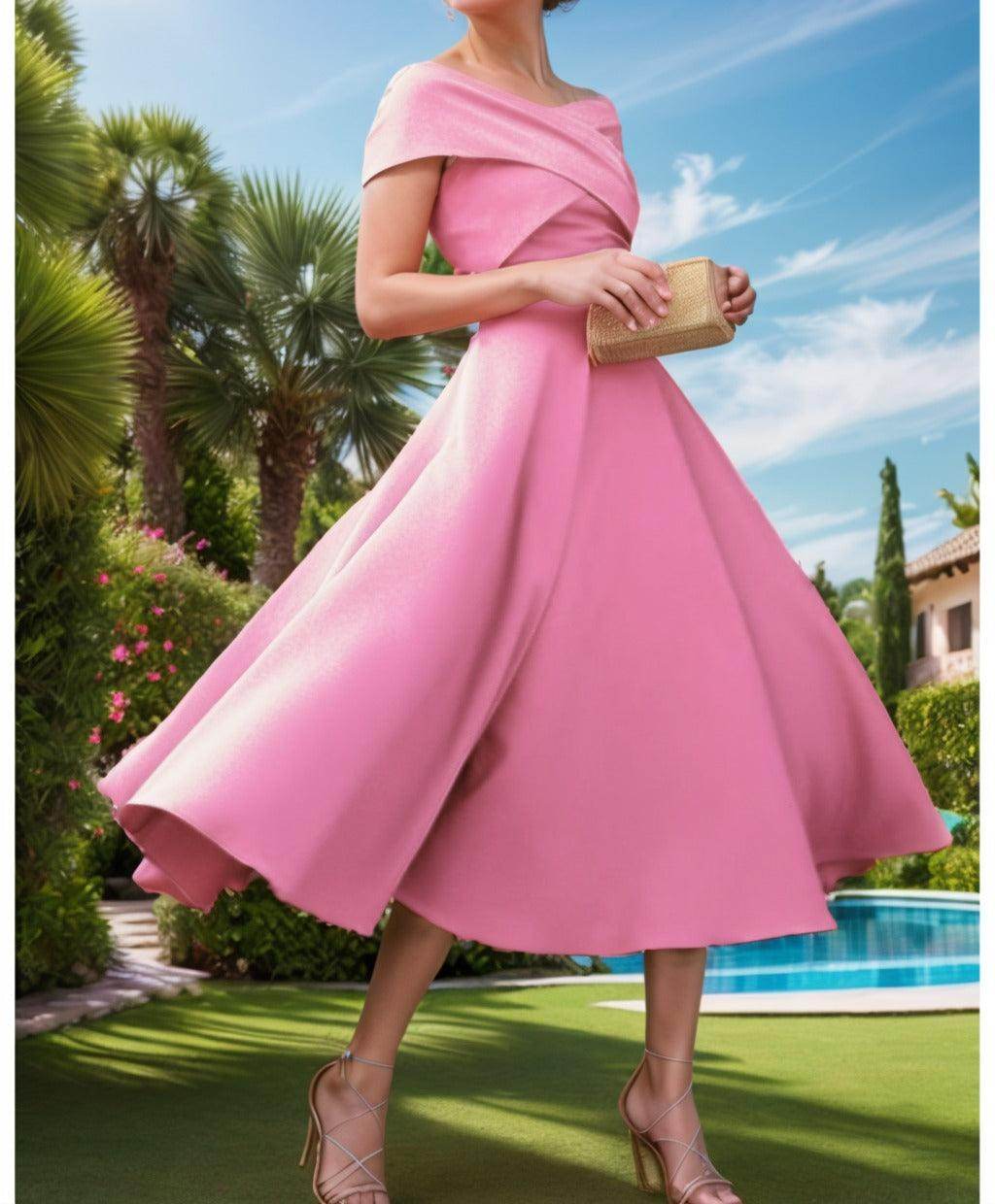A-Line Tea Length Satin Prom Dress CS0455