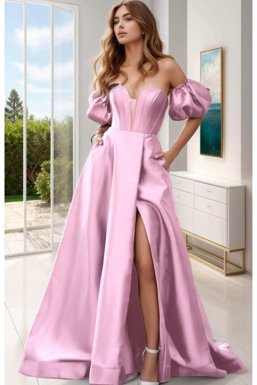 A-Line Sweep-Brush Train Satin Prom Dress CS0448