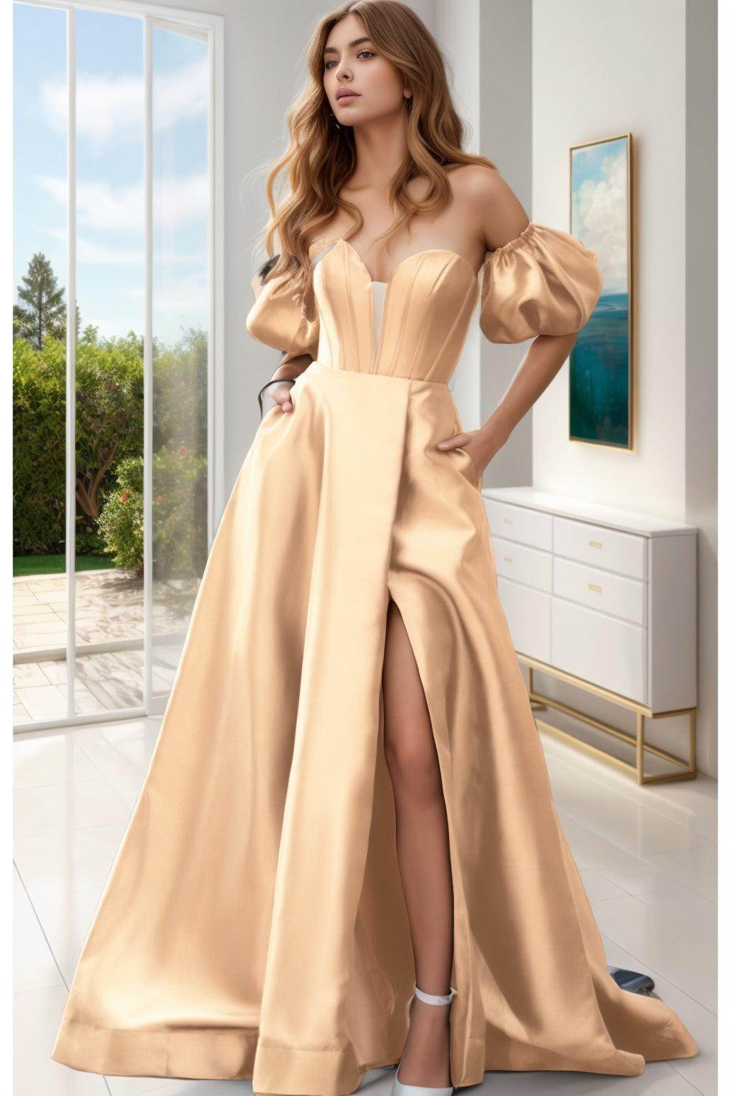 A-Line Sweep-Brush Train Satin Prom Dress CS0448