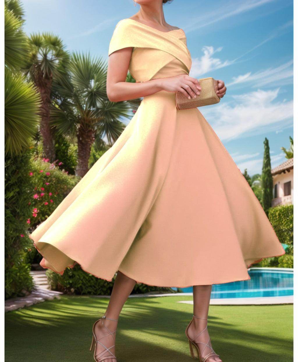 A-Line Tea Length Satin Prom Dress CS0455