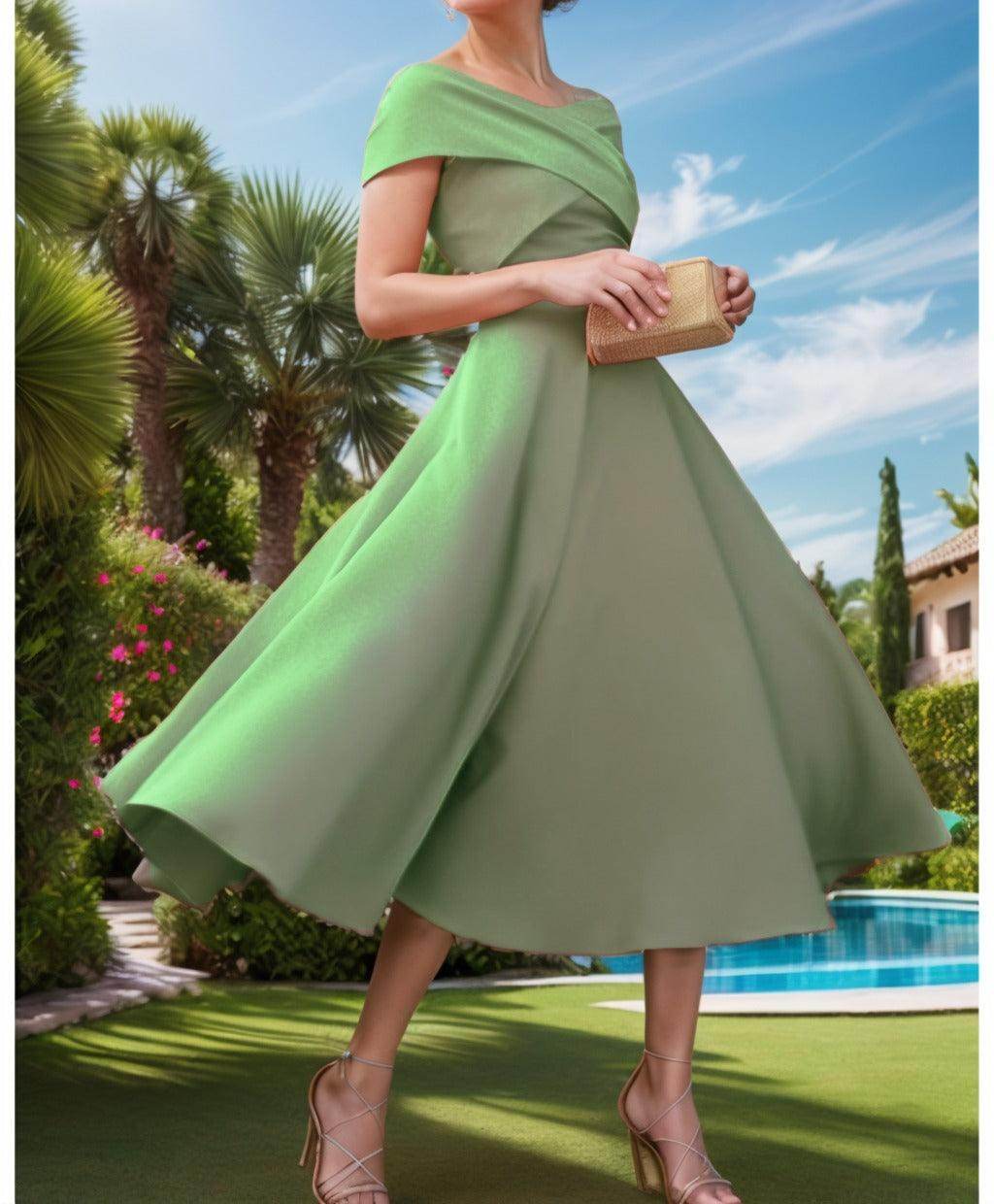 A-Line Tea Length Satin Prom Dress CS0455
