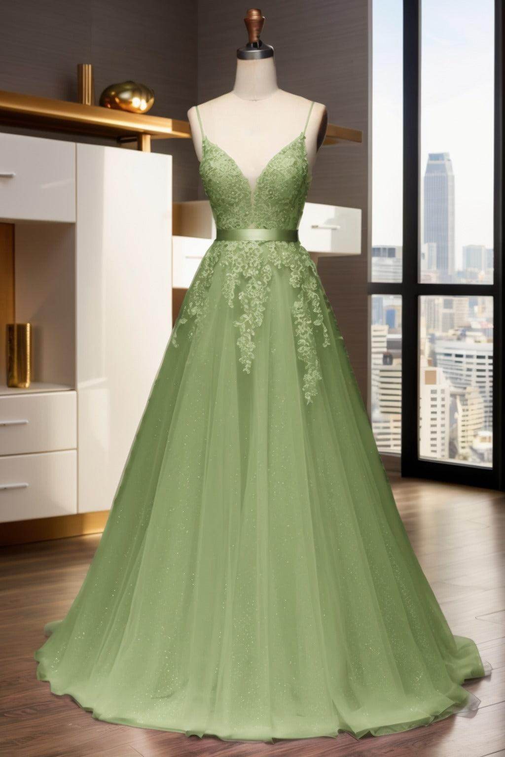 A-Line Sweep-Brush Train Tulle Prom Dress CS0464