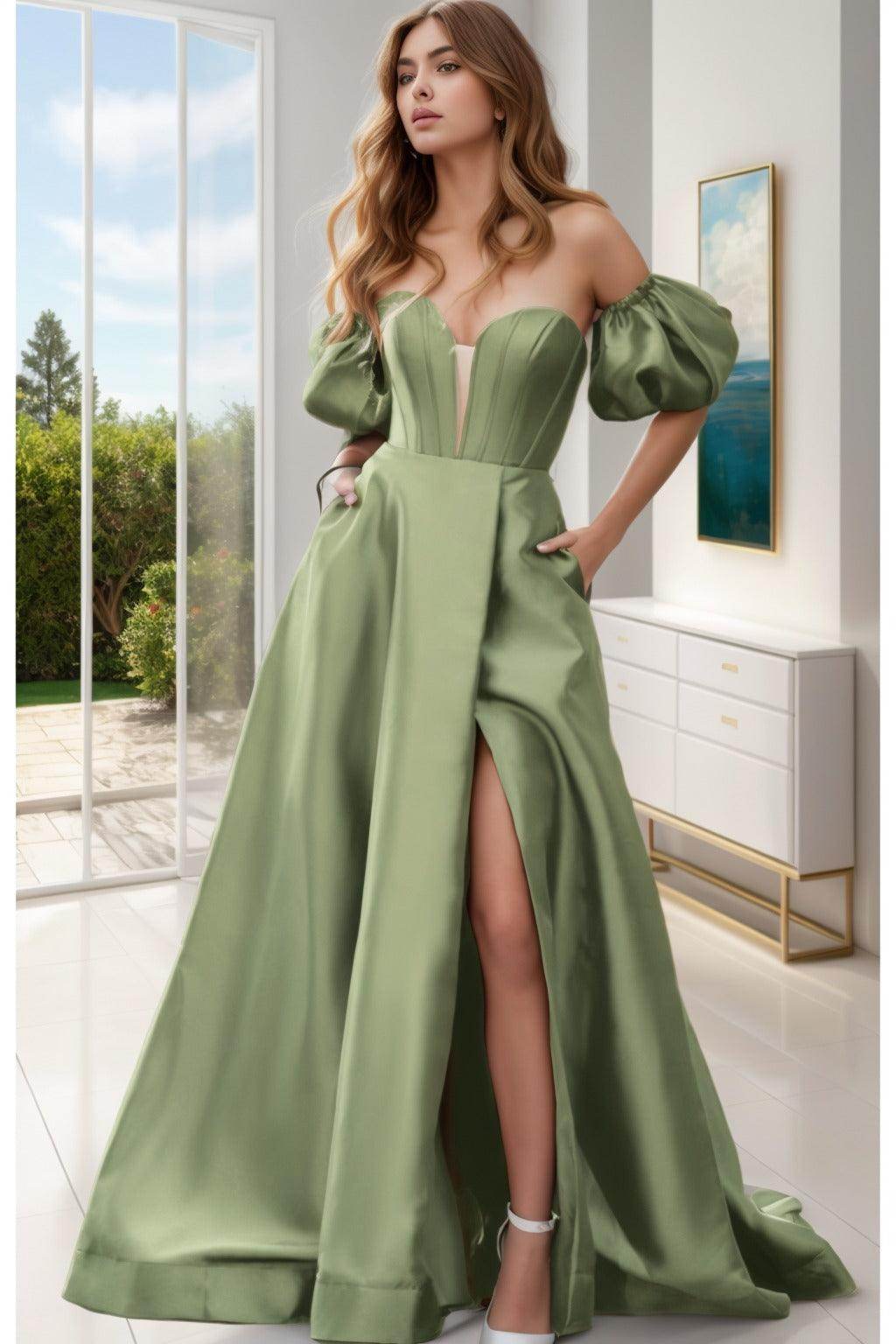 A-Line Sweep-Brush Train Satin Prom Dress CS0448
