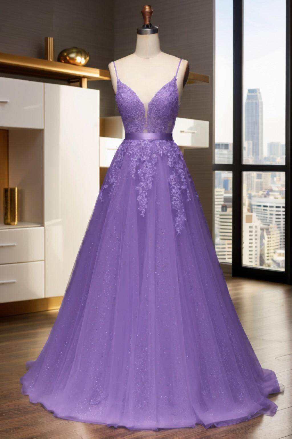 A-Line Sweep-Brush Train Tulle Prom Dress CS0464